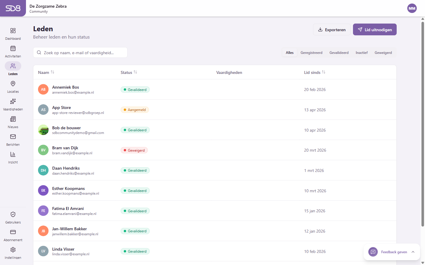 Ledenoverzicht met zoekbalk en statusfilters