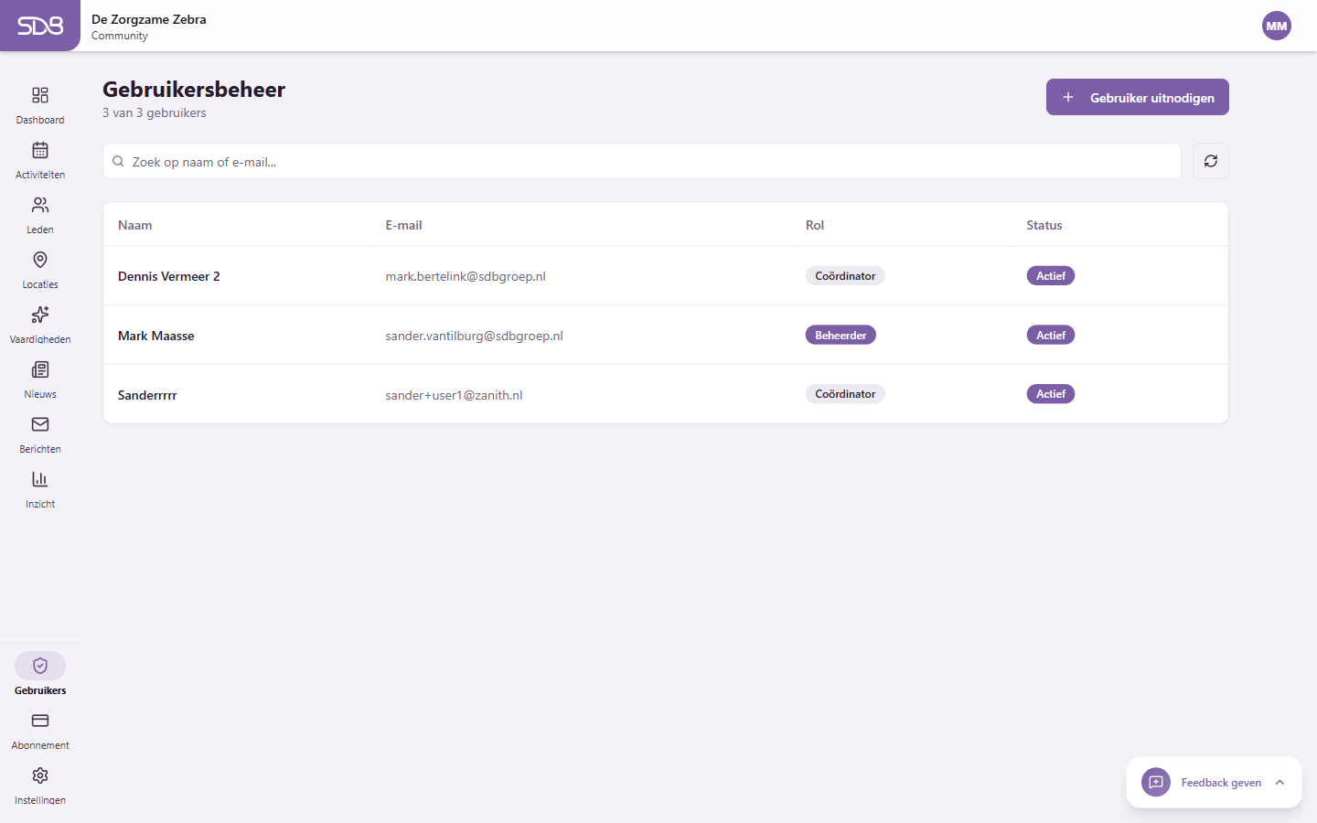 Gebruikersoverzicht van het portaal