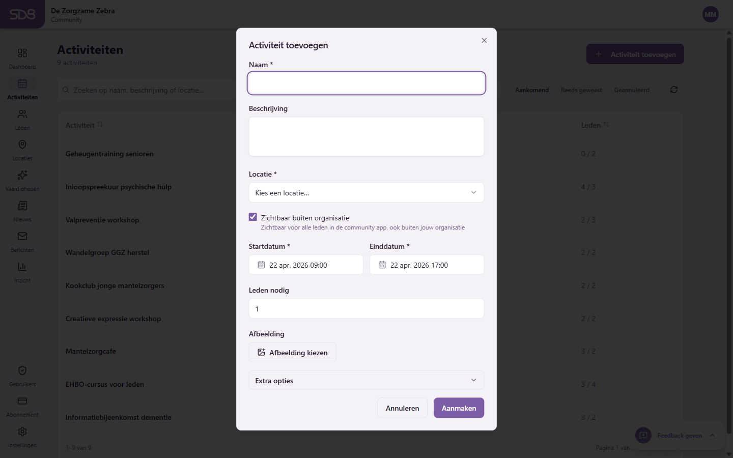 Formulier voor nieuwe activiteit