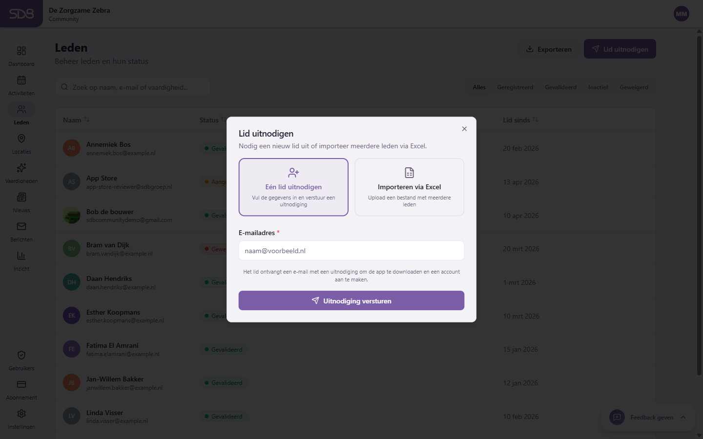 Dialoog om een lid uit te nodigen of te importeren