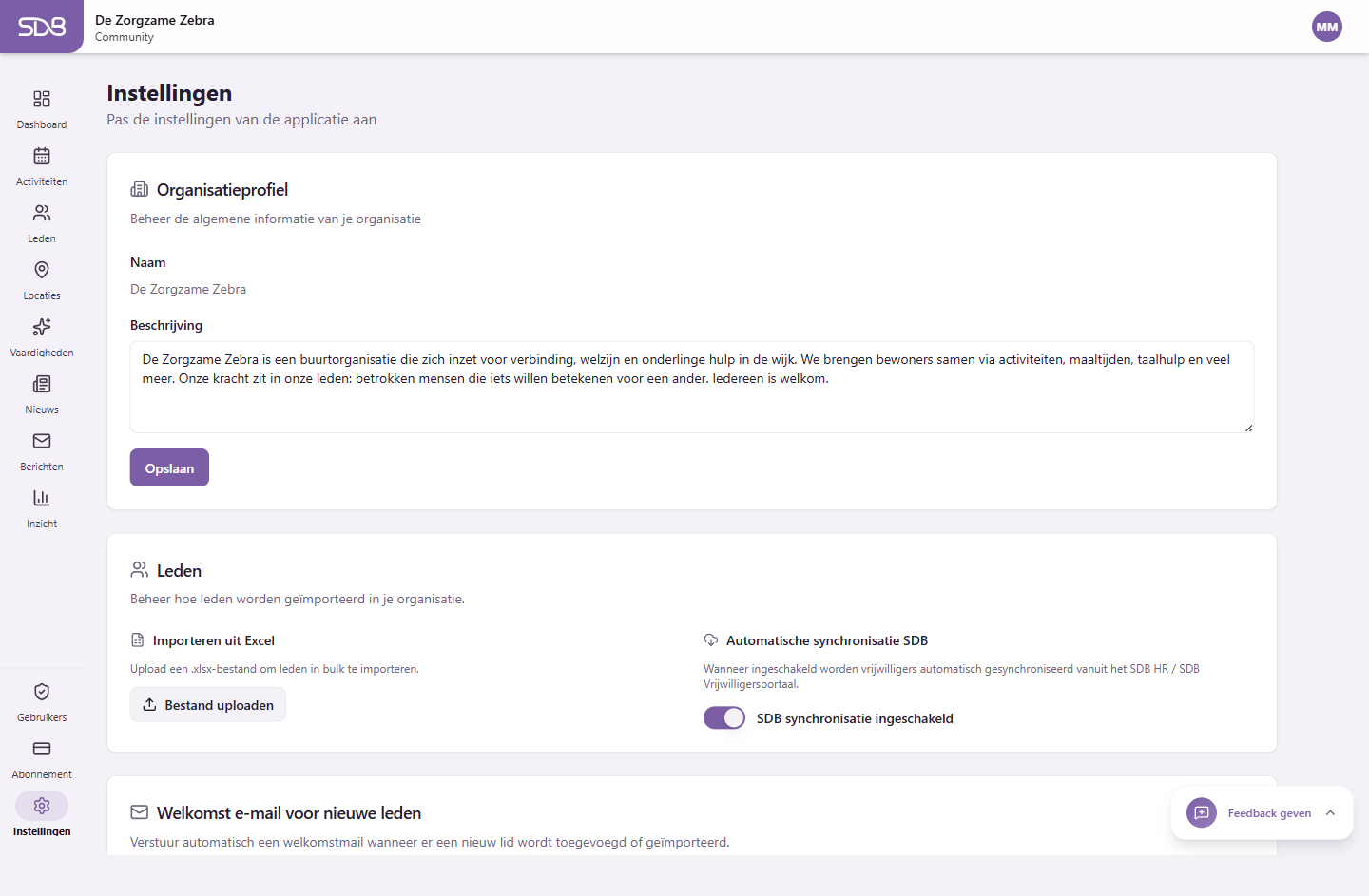 Instellingen-pagina met organisatieprofiel, welkomst-e-mail en taalinstelling