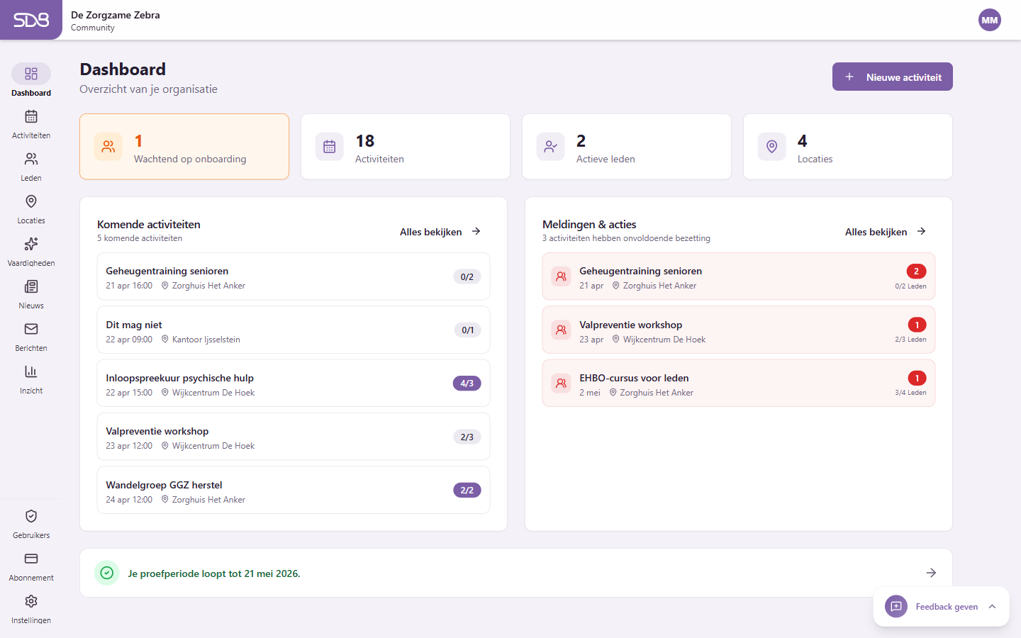 Dashboard met overzichtskaarten en komende activiteiten