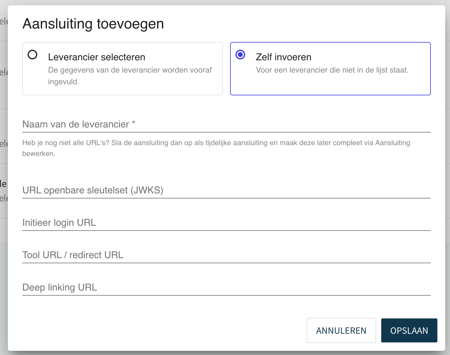 Aansluiting handmatig toevoegen met Zelf invoeren