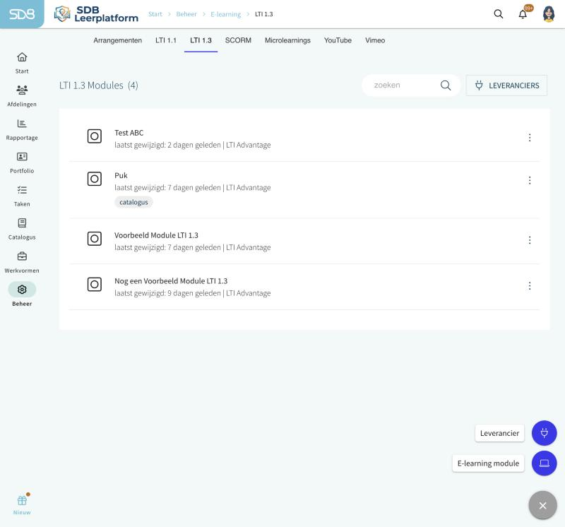 Plus-knop met keuze leverancier en e-learning module