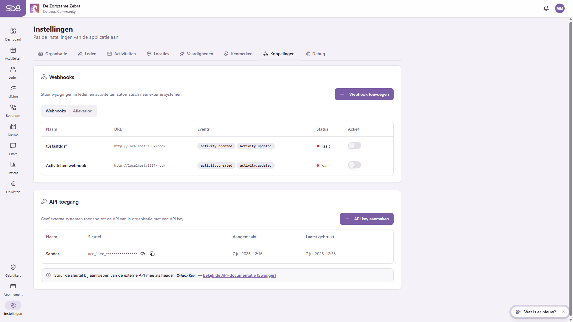 Koppelingen-tabblad met webhooks en API-toegang