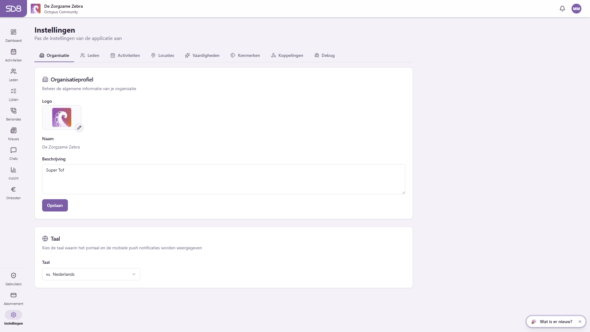 Instellingen-pagina met tabbladen