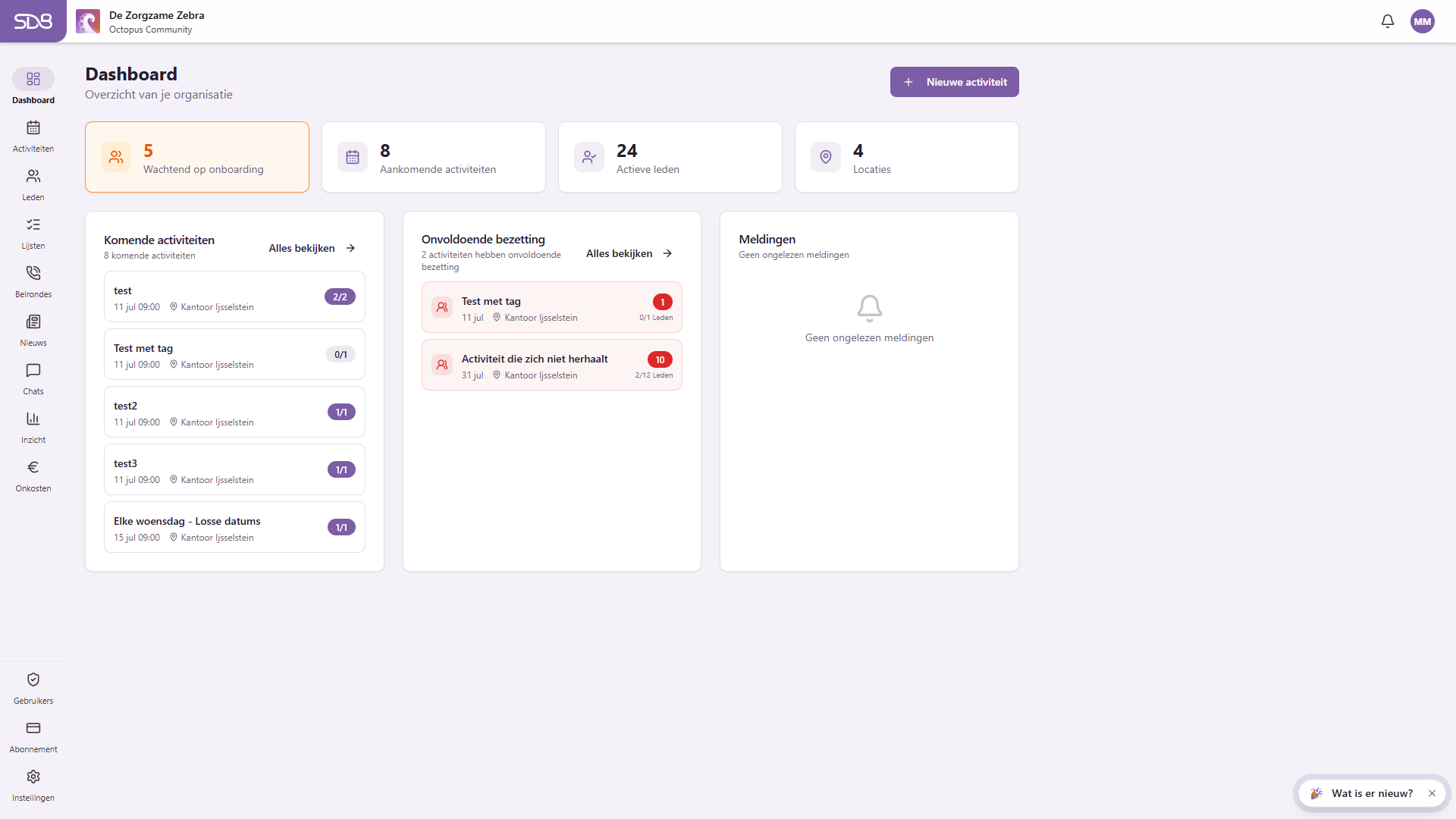 Dashboard met overzichtskaarten en komende activiteiten