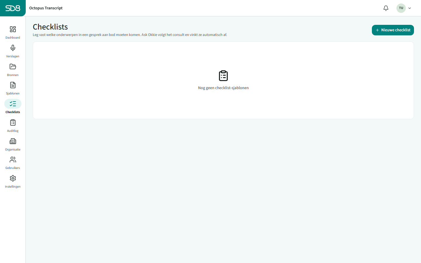 Het overzicht van checklists in Octopus Transcript