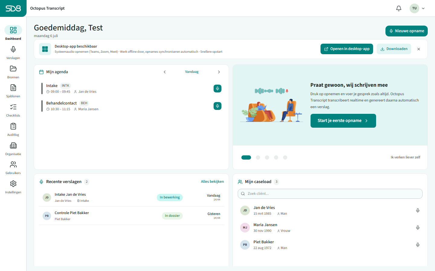 Het dashboard van Octopus Transcript na het inloggen