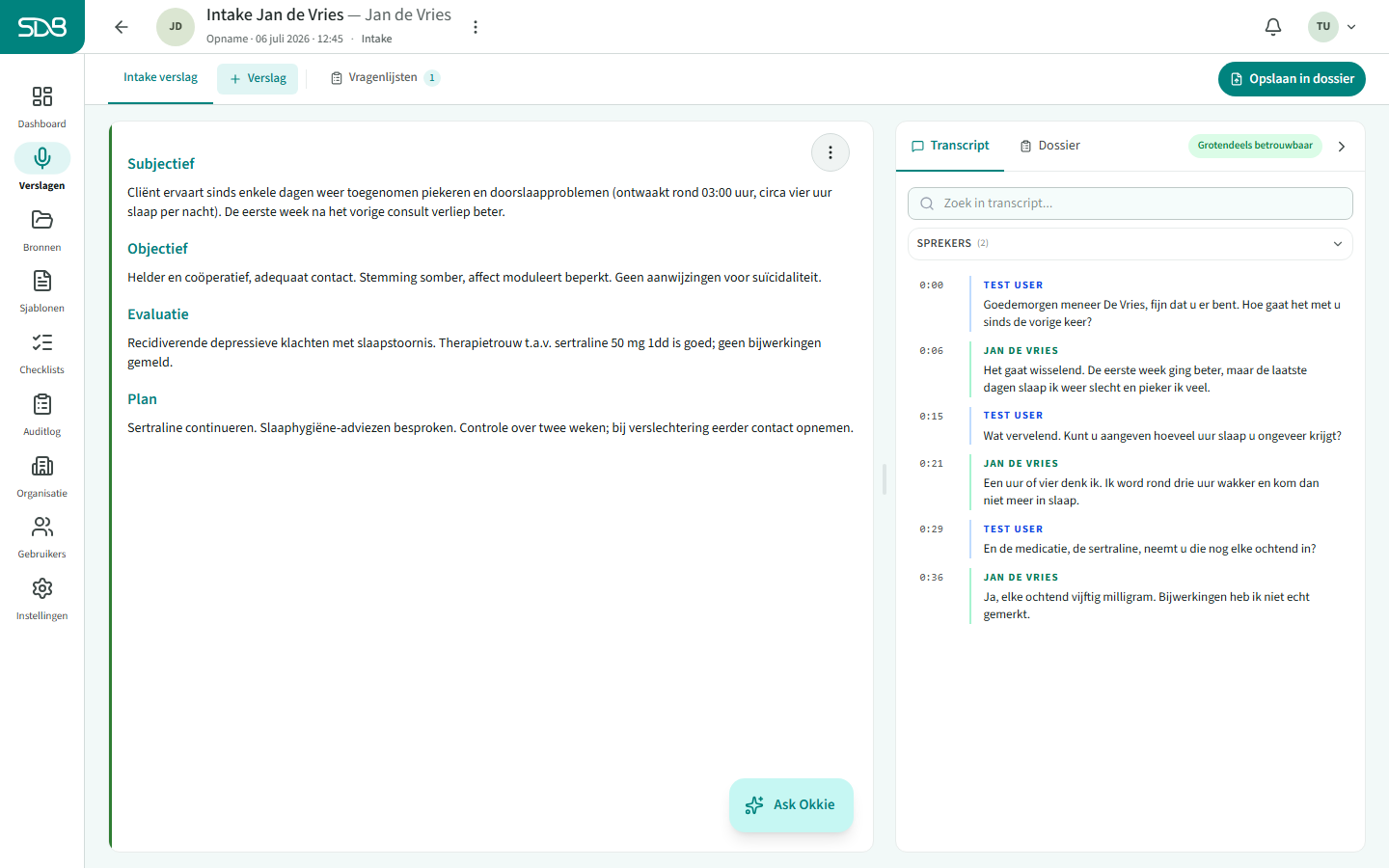 Het transcriptpaneel met tijdstempels en sprekerlabels