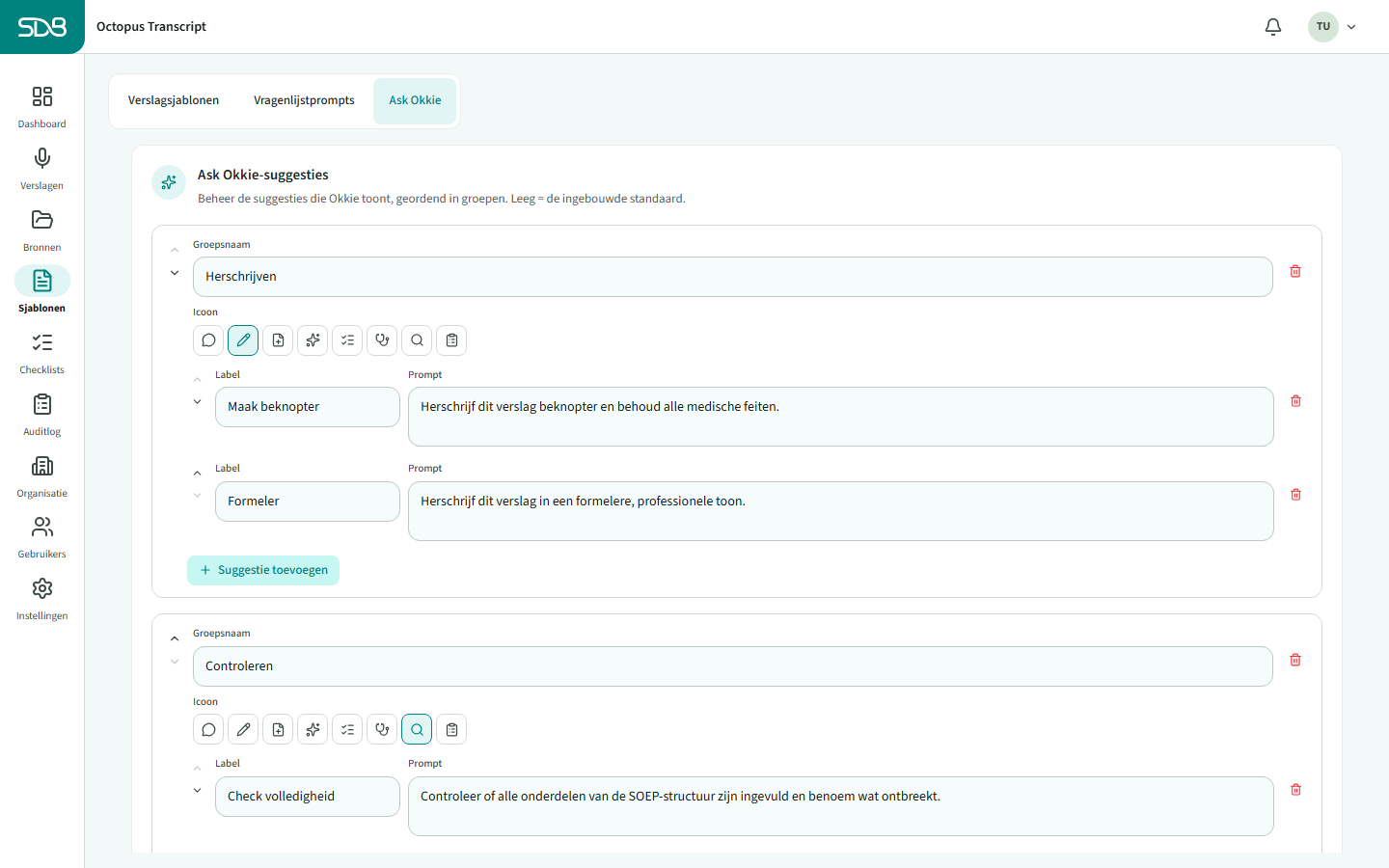 Het scherm Ask Okkie-suggesties met suggestiegroepen en prompts