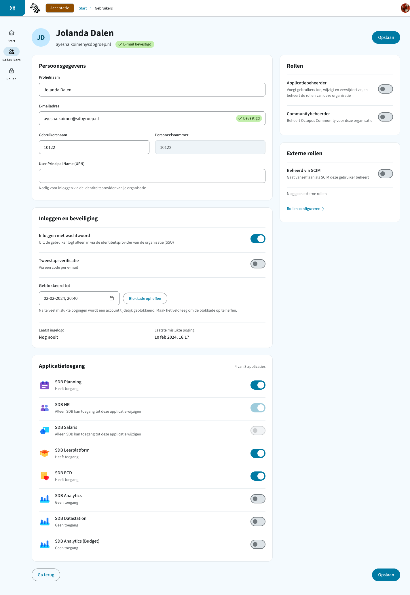 Detailscherm van een gebruiker in SDB Identity