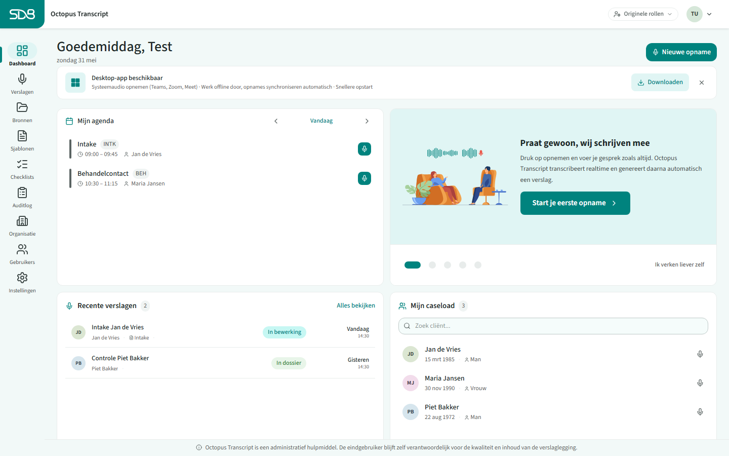 Het dashboard van Octopus Transcript na het inloggen