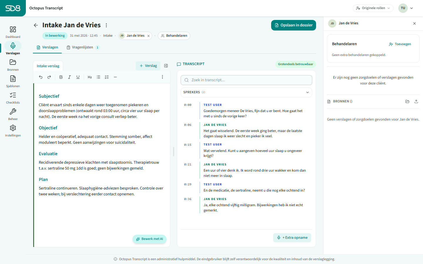 Het transcriptpaneel met tijdstempels en sprekerlabels