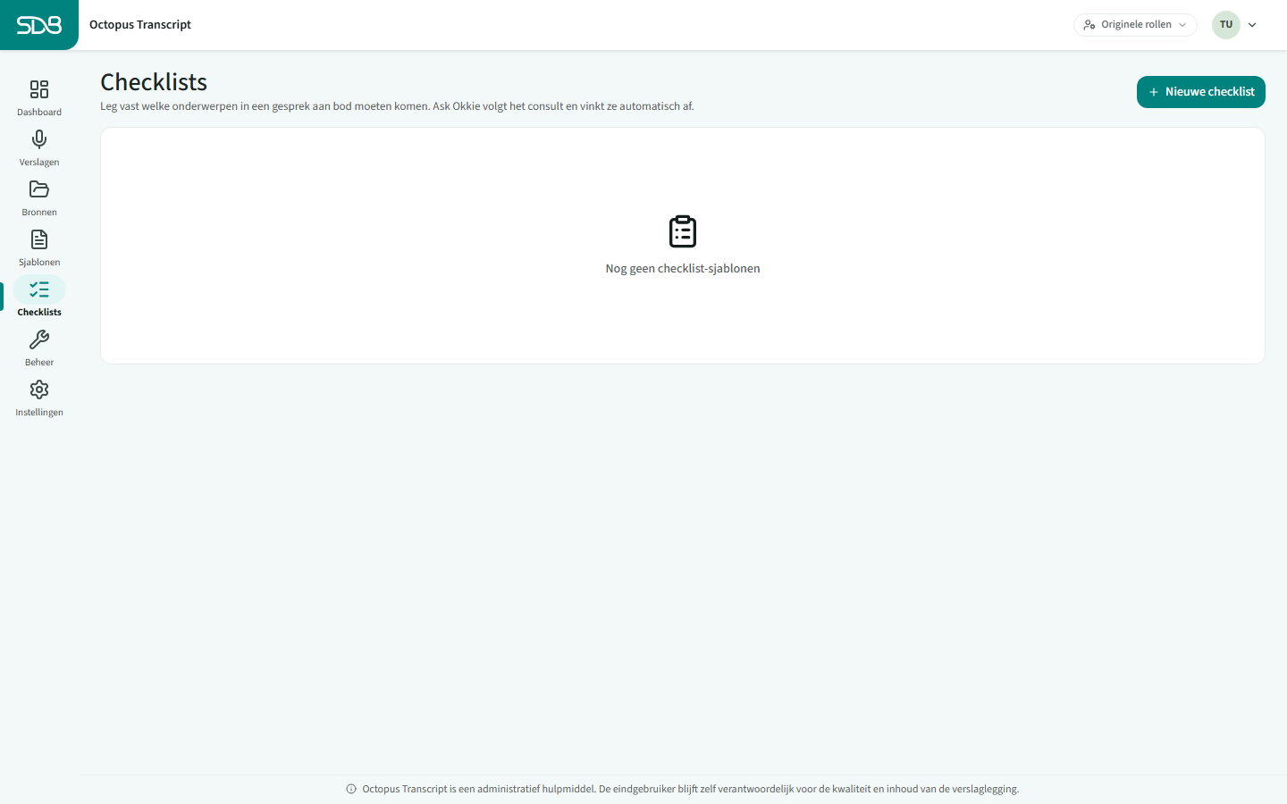 Het overzicht van checklists in Octopus Transcript