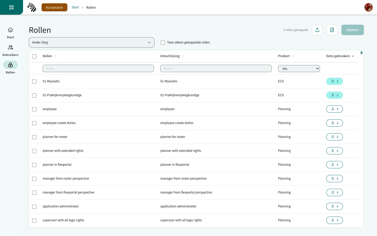 Rollenscherm in SDB Identity met de Entra ID-groep bovenaan en de applicatierollen per product