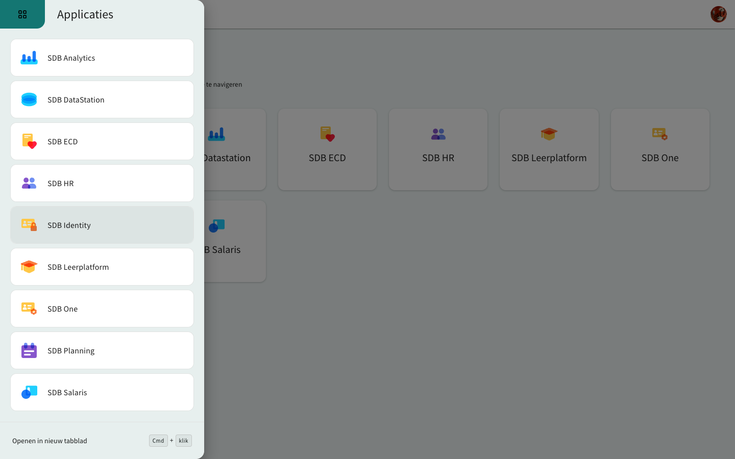 App-switcher linksboven met de beschikbare SDB producten