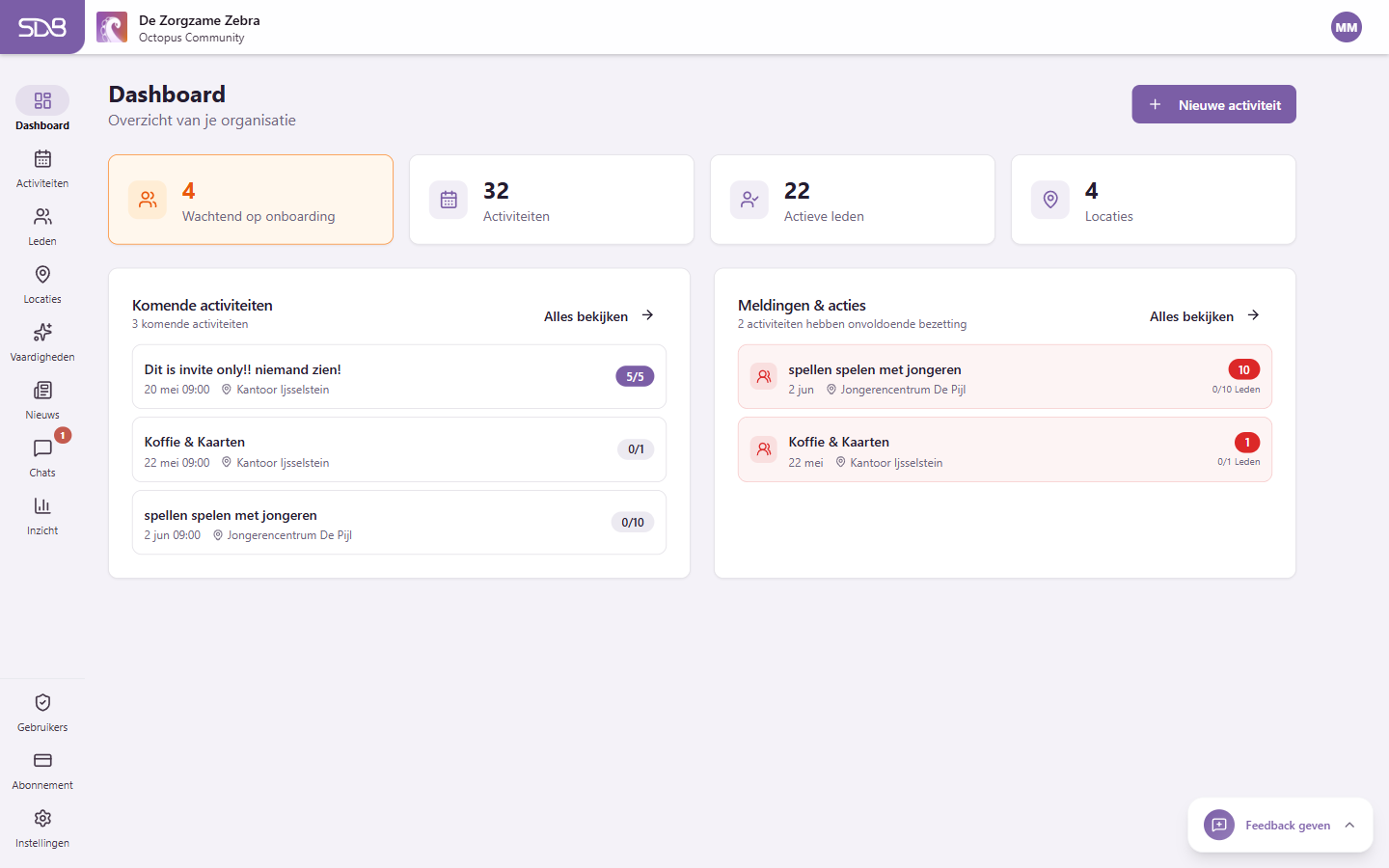 Dashboard met overzichtskaarten en komende activiteiten