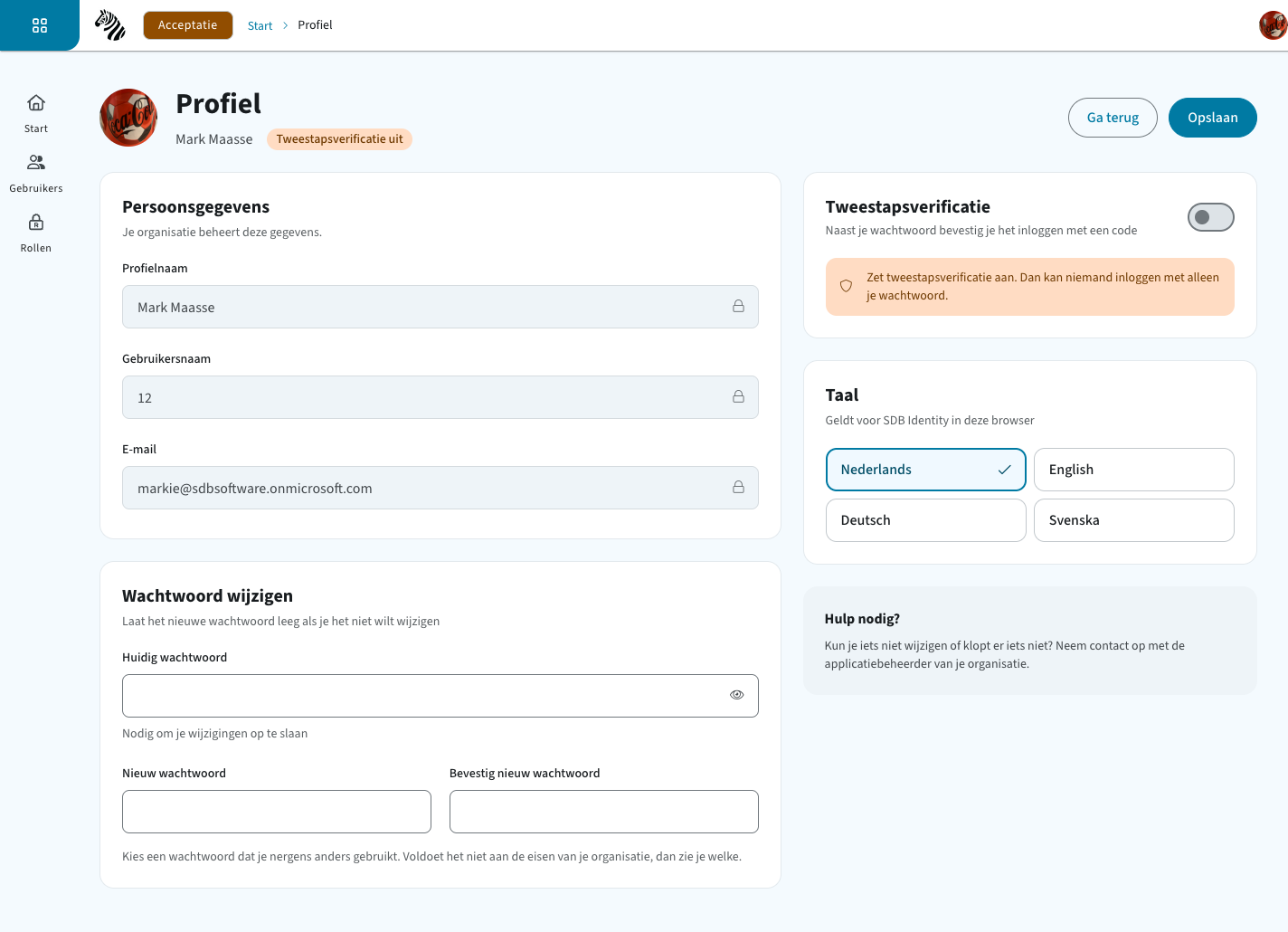 Profielpagina in SDB Identity
