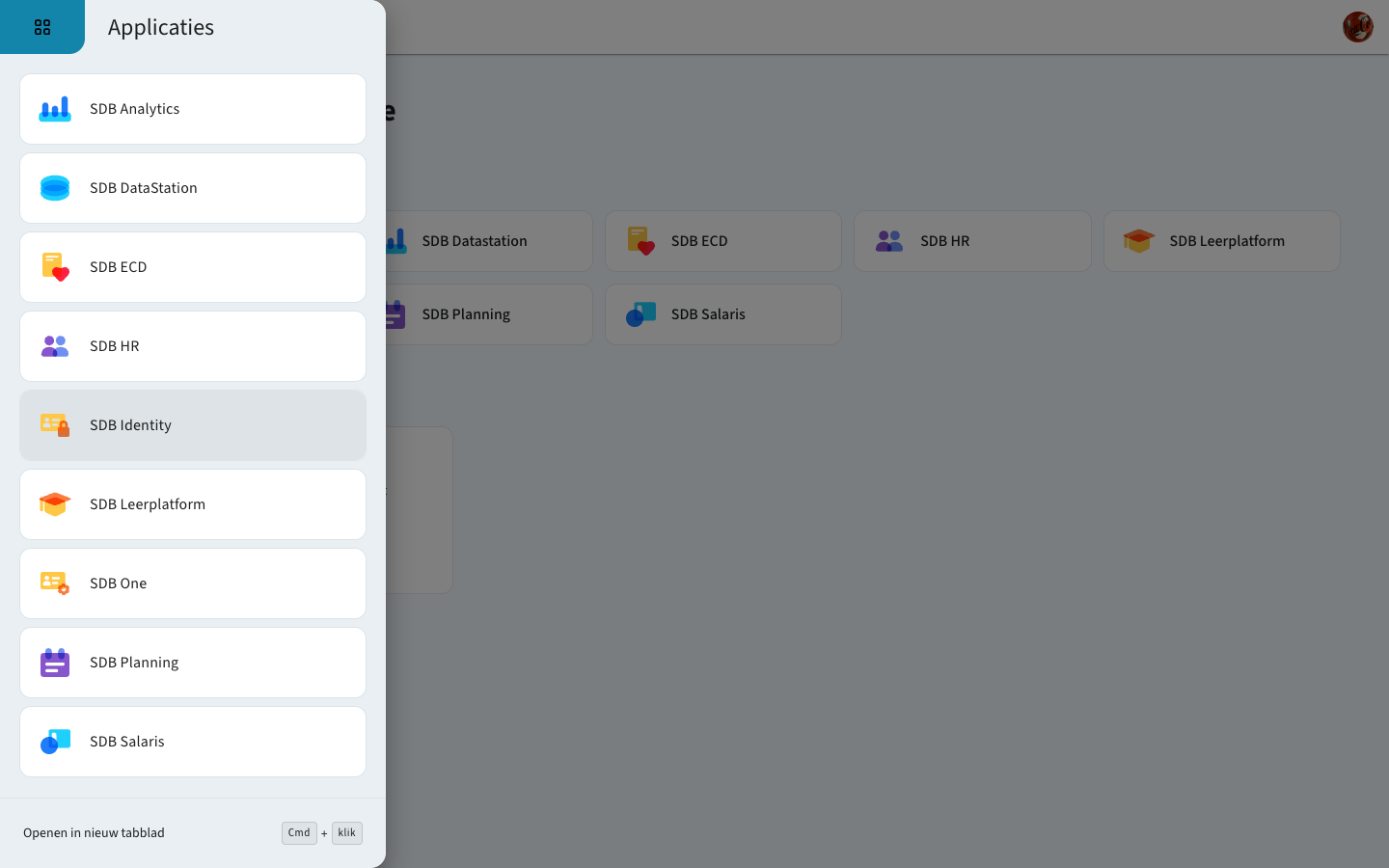 App-switcher linksboven met de beschikbare SDB producten